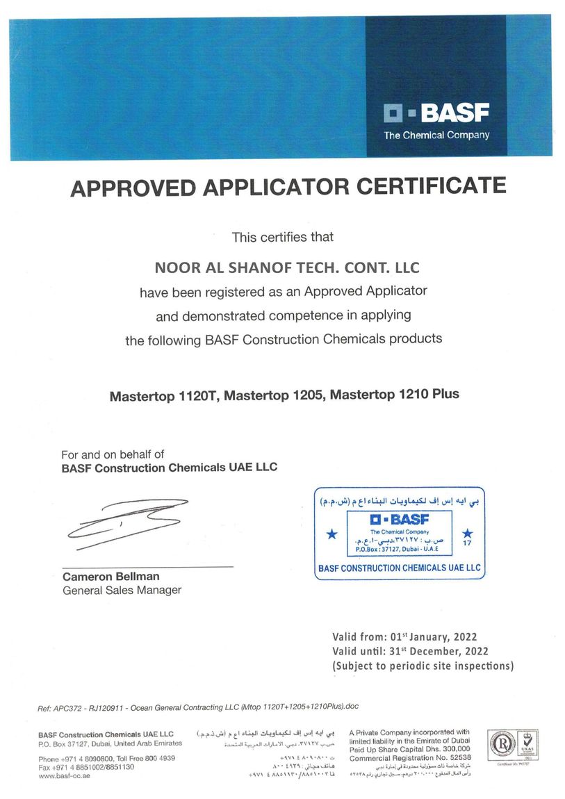 BASF Approved Applicator Certificate — Noor Al Shanof Tech. Cont. LLC