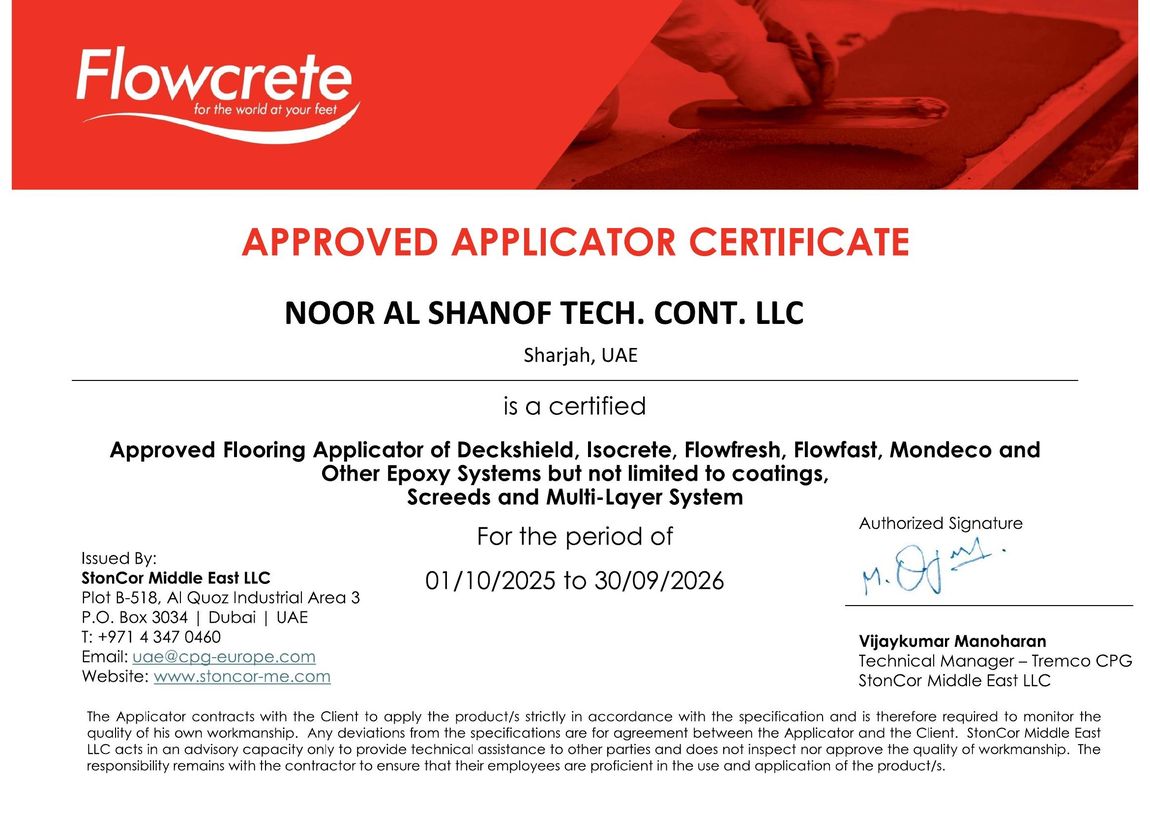 Flowcrete / StonCor ME Approved Applicator Certificate — Noor Al Shanof Tech. Cont. LLC