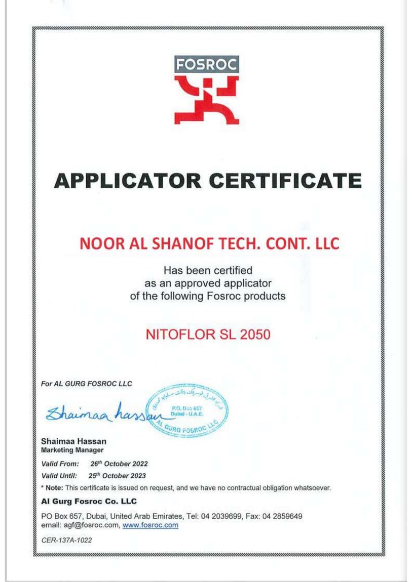 Al Gurg Fosroc Approved Applicator Certificate — Noor Al Shanof Tech. Cont. LLC