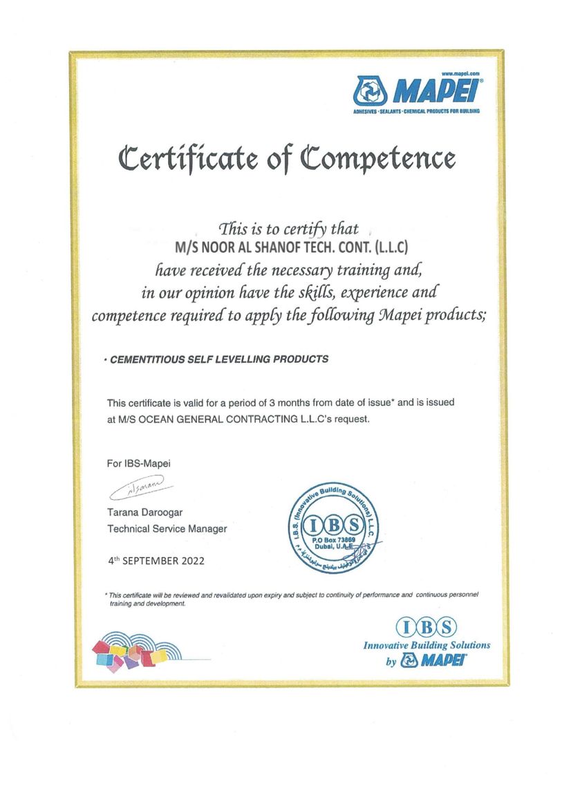 Mapei / IBS Certificate of Competence — Noor Al Shanof Tech. Cont. LLC
