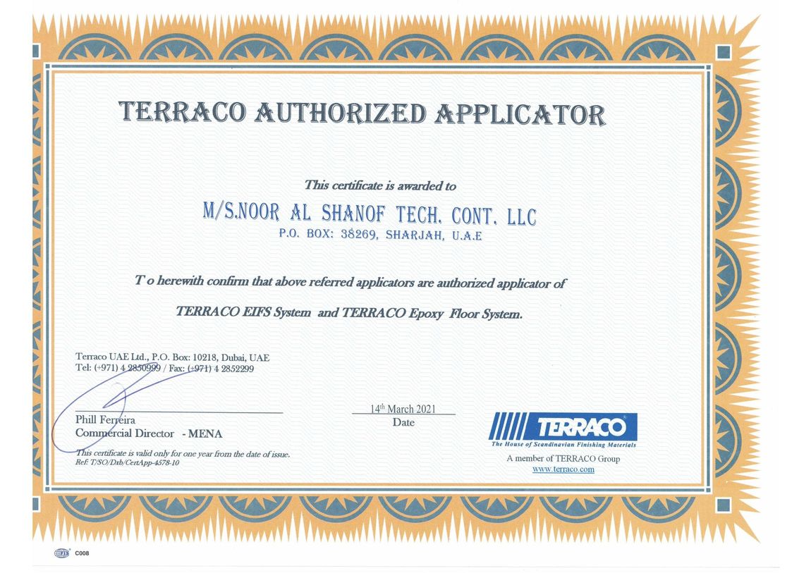 Terraco Authorised Applicator Certificate — Noor Al Shanof Tech. Cont. LLC
